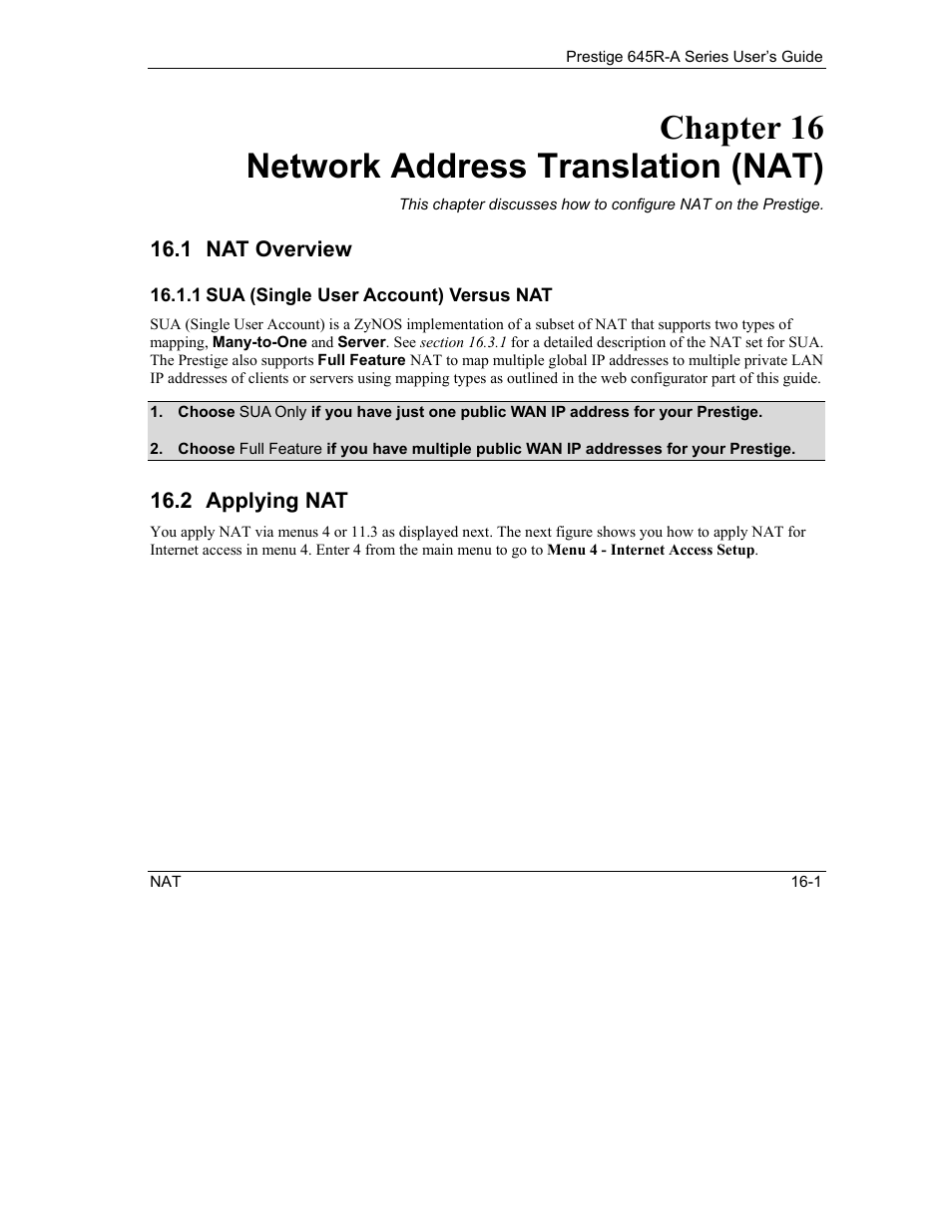 Network address translation (nat), Nat overview, Applying nat | Chapter 16 network address translation (nat) | ZyXEL Communications Prestige 645R-A Series User Manual | Page 131 / 251