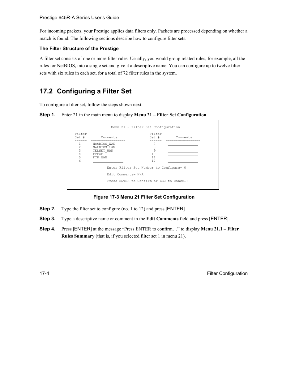 Configuring a filter set, 2 configuring a filter set | ZyXEL Communications Prestige 645R-A Series User Manual | Page 154 / 251