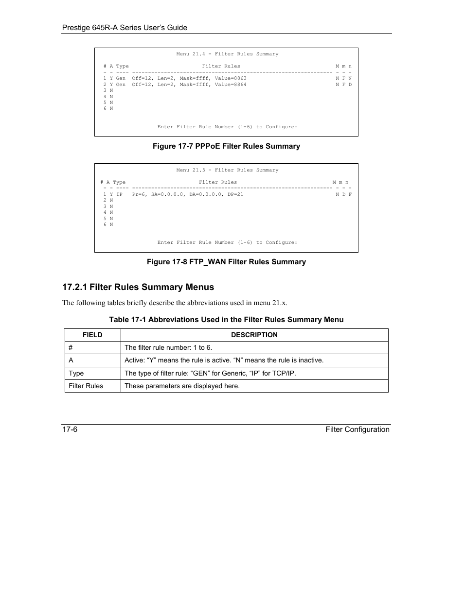 1 filter rules summary menus | ZyXEL Communications Prestige 645R-A Series User Manual | Page 156 / 251