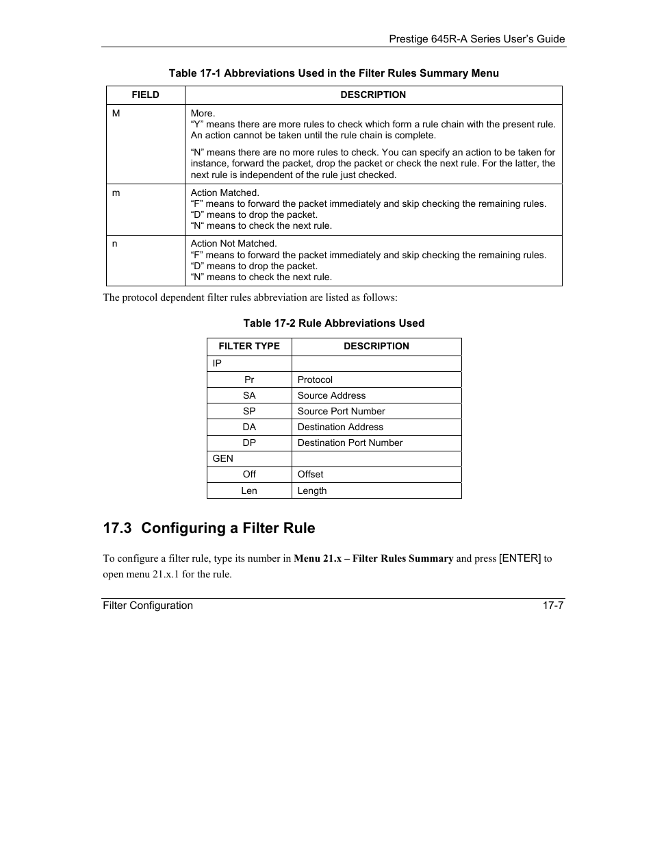 Configuring a filter rule, 3 configuring a filter rule | ZyXEL Communications Prestige 645R-A Series User Manual | Page 157 / 251