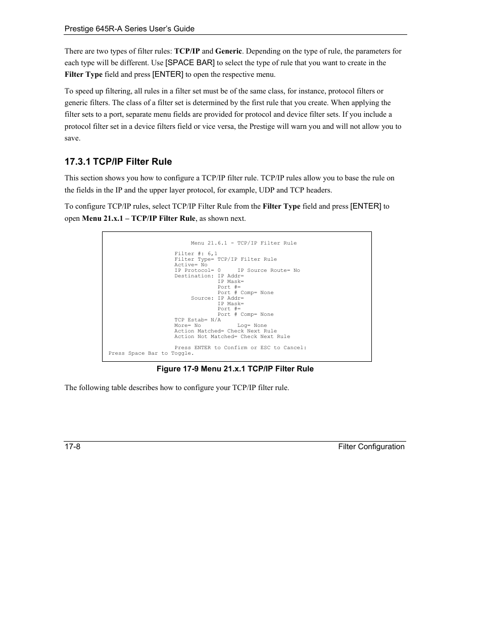 1 tcp/ip filter rule | ZyXEL Communications Prestige 645R-A Series User Manual | Page 158 / 251