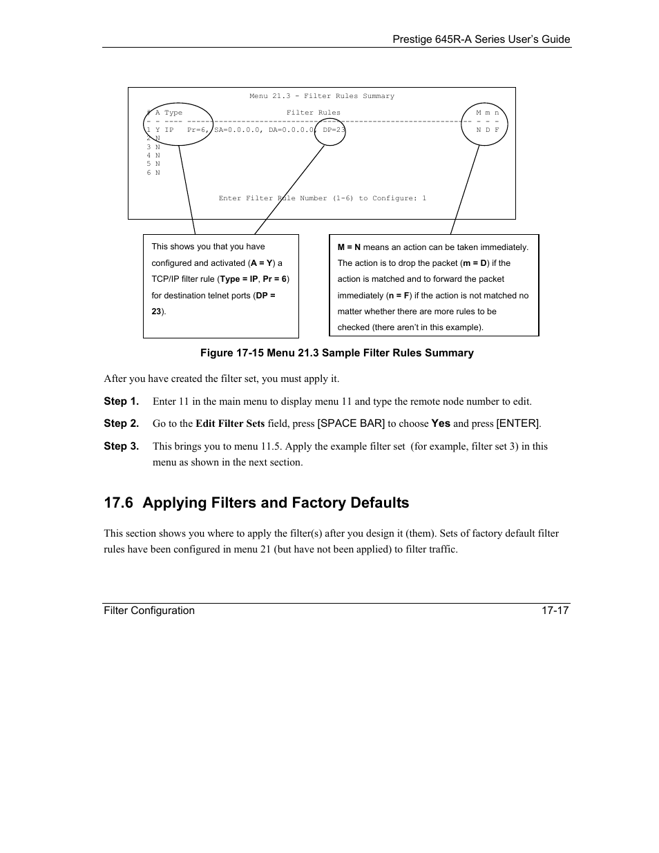 Applying filters and factory defaults, 6 applying filters and factory defaults | ZyXEL Communications Prestige 645R-A Series User Manual | Page 167 / 251