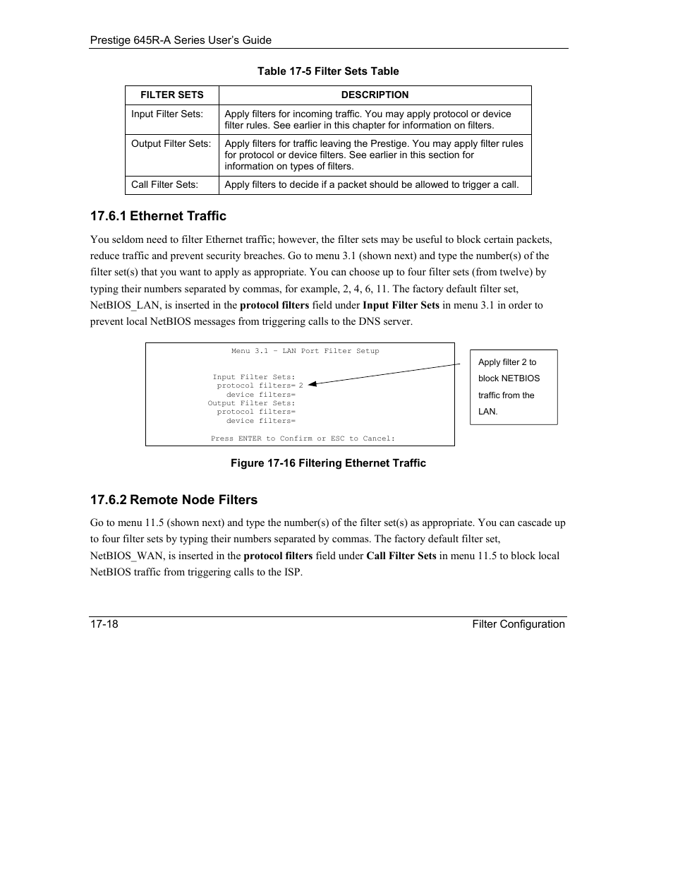 1 ethernet traffic, 2 remote node filters | ZyXEL Communications Prestige 645R-A Series User Manual | Page 168 / 251