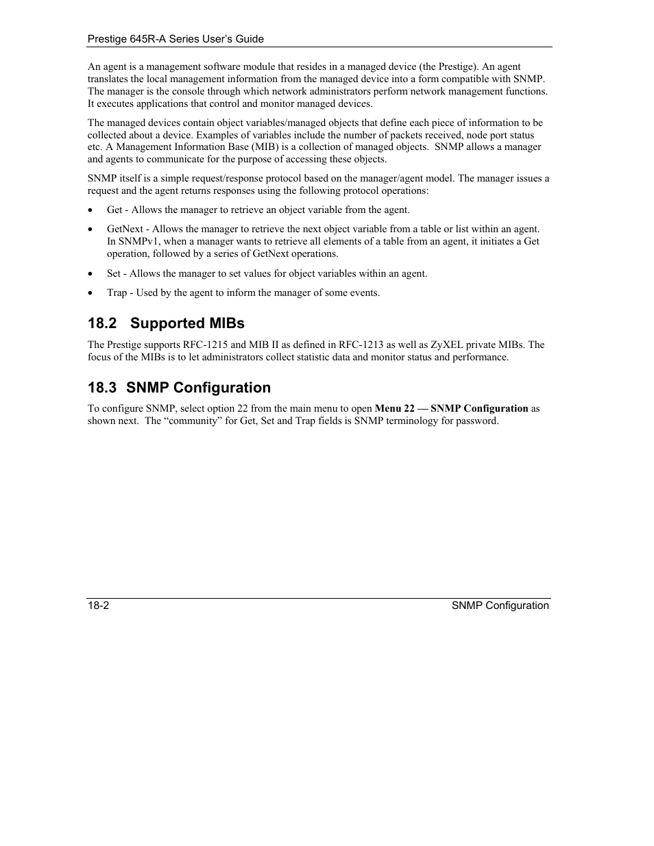 Supported mibs, Snmp configuration, 2 supported mibs | 3 snmp configuration | ZyXEL Communications Prestige 645R-A Series User Manual | Page 172 / 251