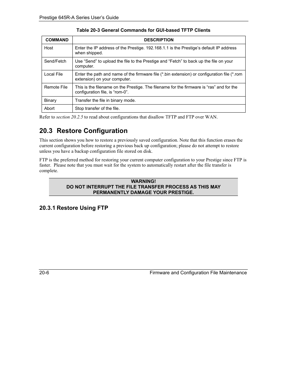 Restore configuration, 3 restore configuration | ZyXEL Communications Prestige 645R-A Series User Manual | Page 190 / 251