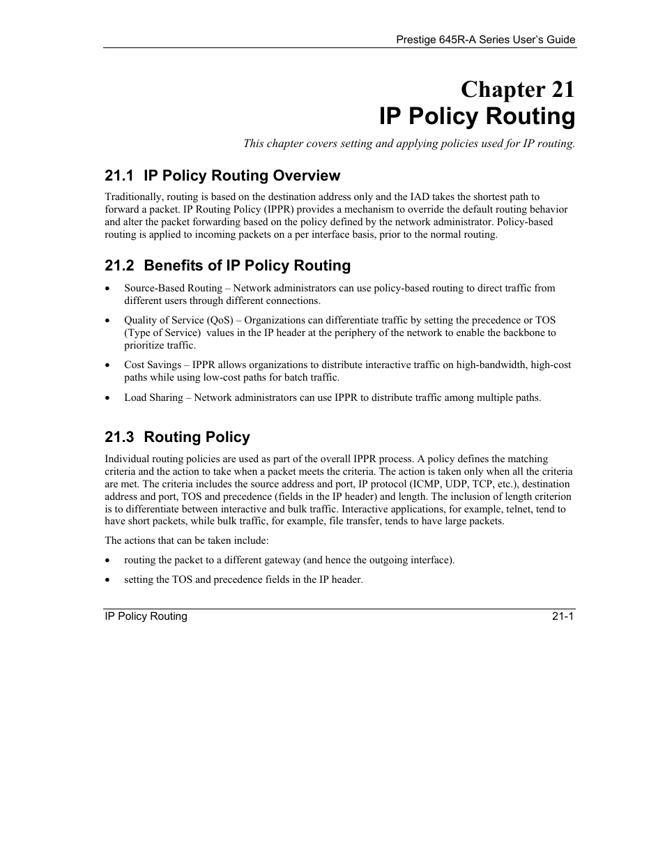 Ip policy routing, Ip policy routing overview, Benefits of ip policy routing | Routing policy, Chapter 21 ip policy routing, 1 ip policy routing overview, 2 benefits of ip policy routing, 3 routing policy | ZyXEL Communications Prestige 645R-A Series User Manual | Page 197 / 251