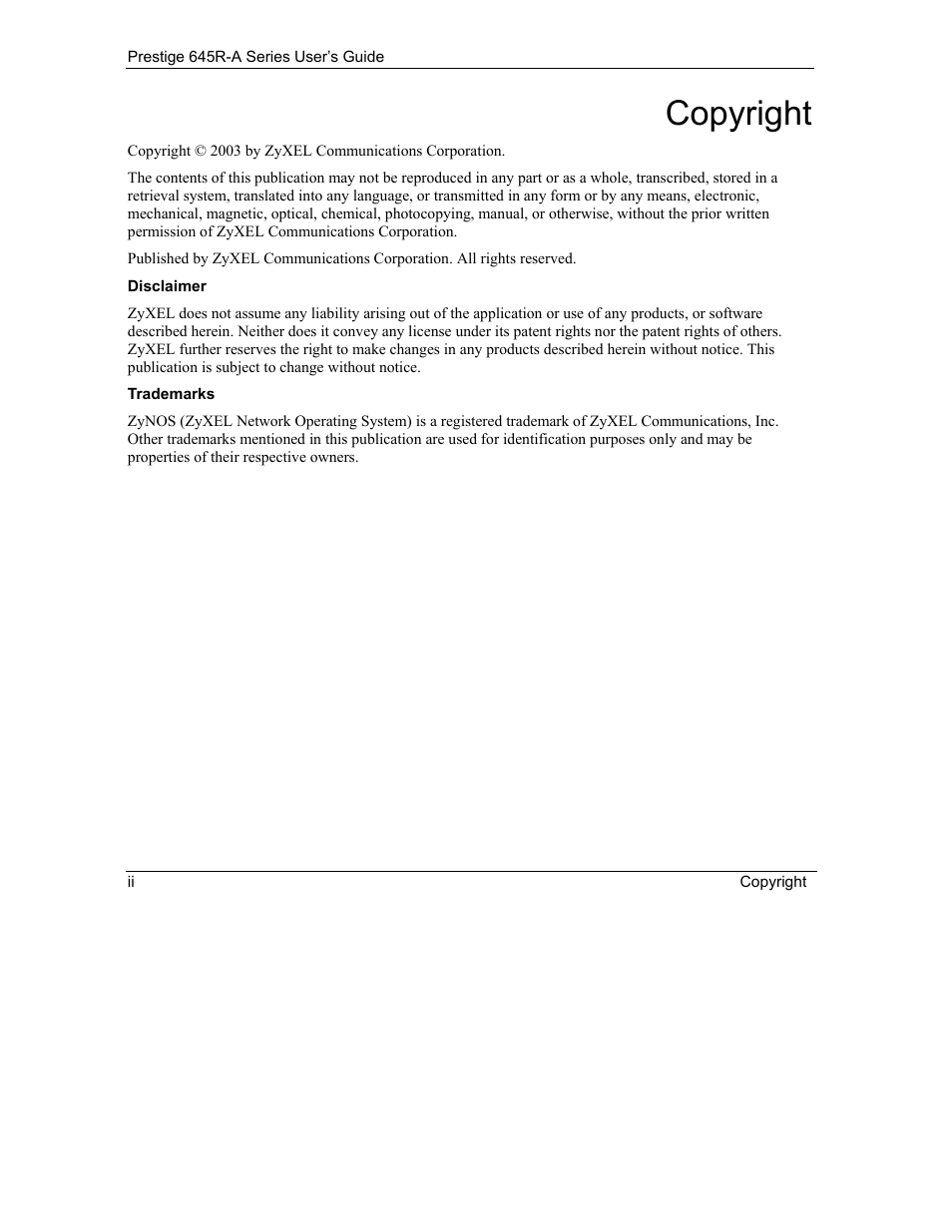 Copyright | ZyXEL Communications Prestige 645R-A Series User Manual | Page 2 / 251