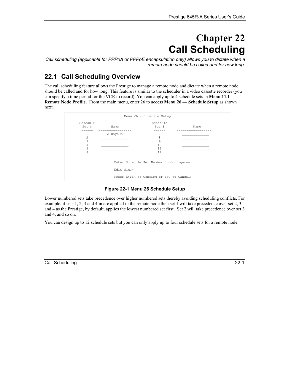 Call scheduling, Call scheduling overview, Chapter 22 call scheduling | 1 call scheduling overview | ZyXEL Communications Prestige 645R-A Series User Manual | Page 207 / 251