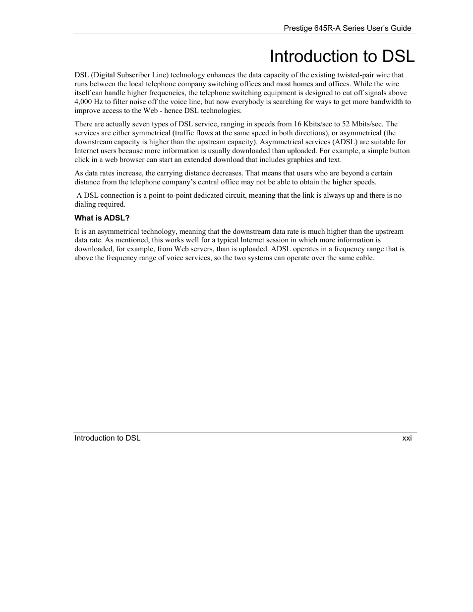Introduction to dsl | ZyXEL Communications Prestige 645R-A Series User Manual | Page 21 / 251