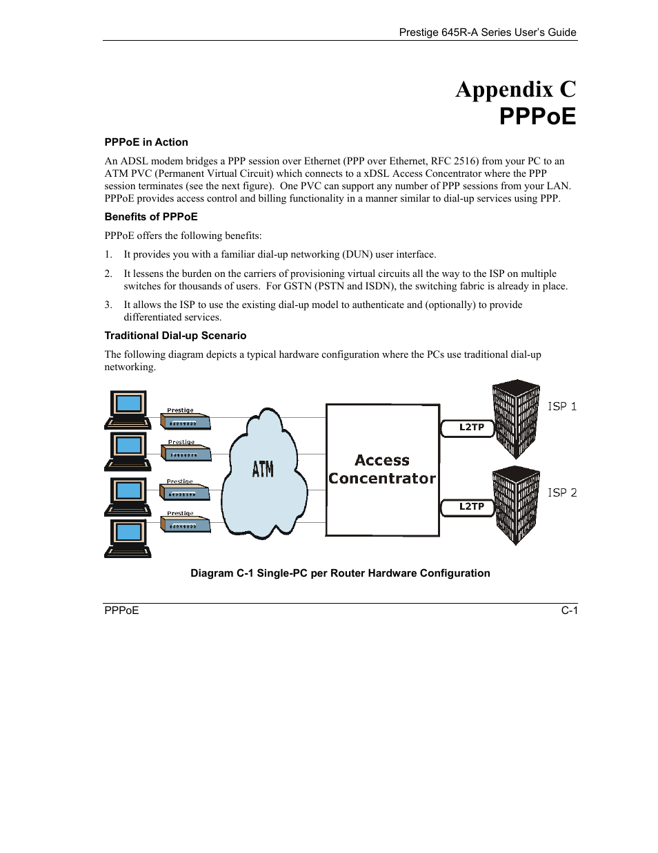 Pppoe, Pppoe in action, Benefits of pppoe | Traditional dial-up scenario, Appendix c pppoe | ZyXEL Communications Prestige 645R-A Series User Manual | Page 227 / 251