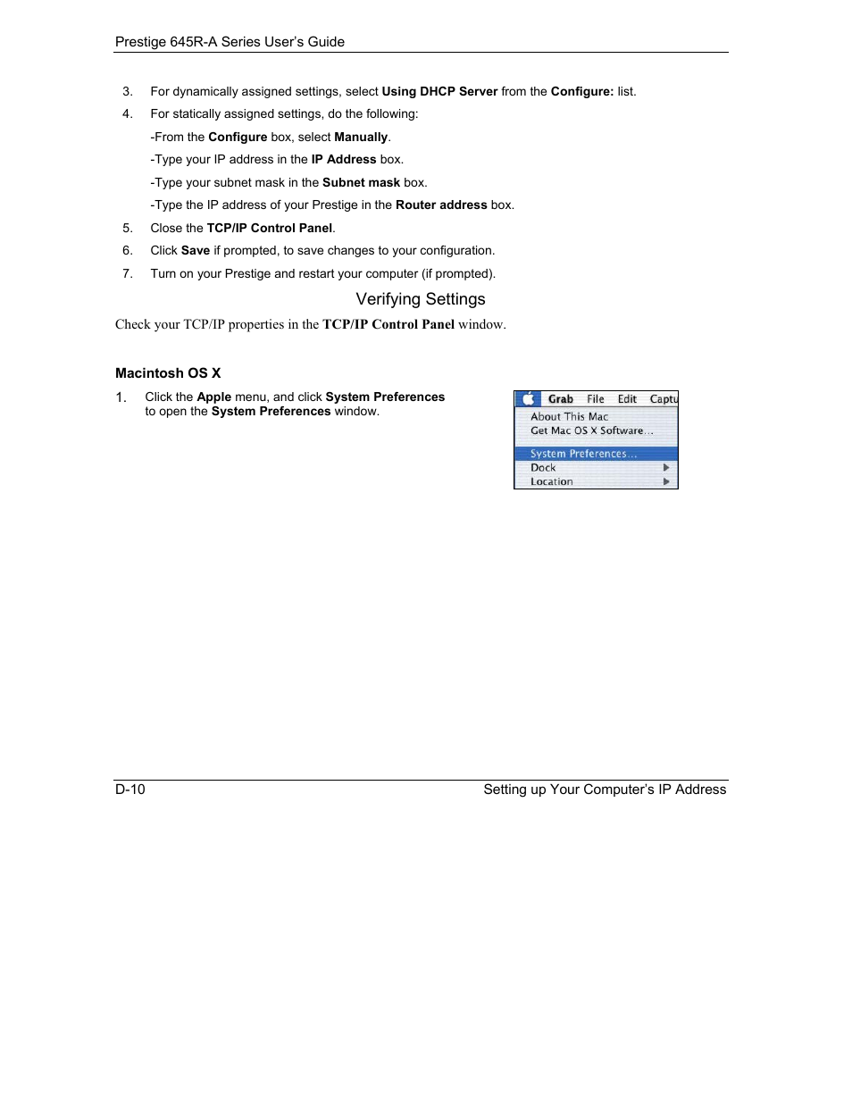 Macintosh os x, Verifying settings | ZyXEL Communications Prestige 645R-A Series User Manual | Page 238 / 251
