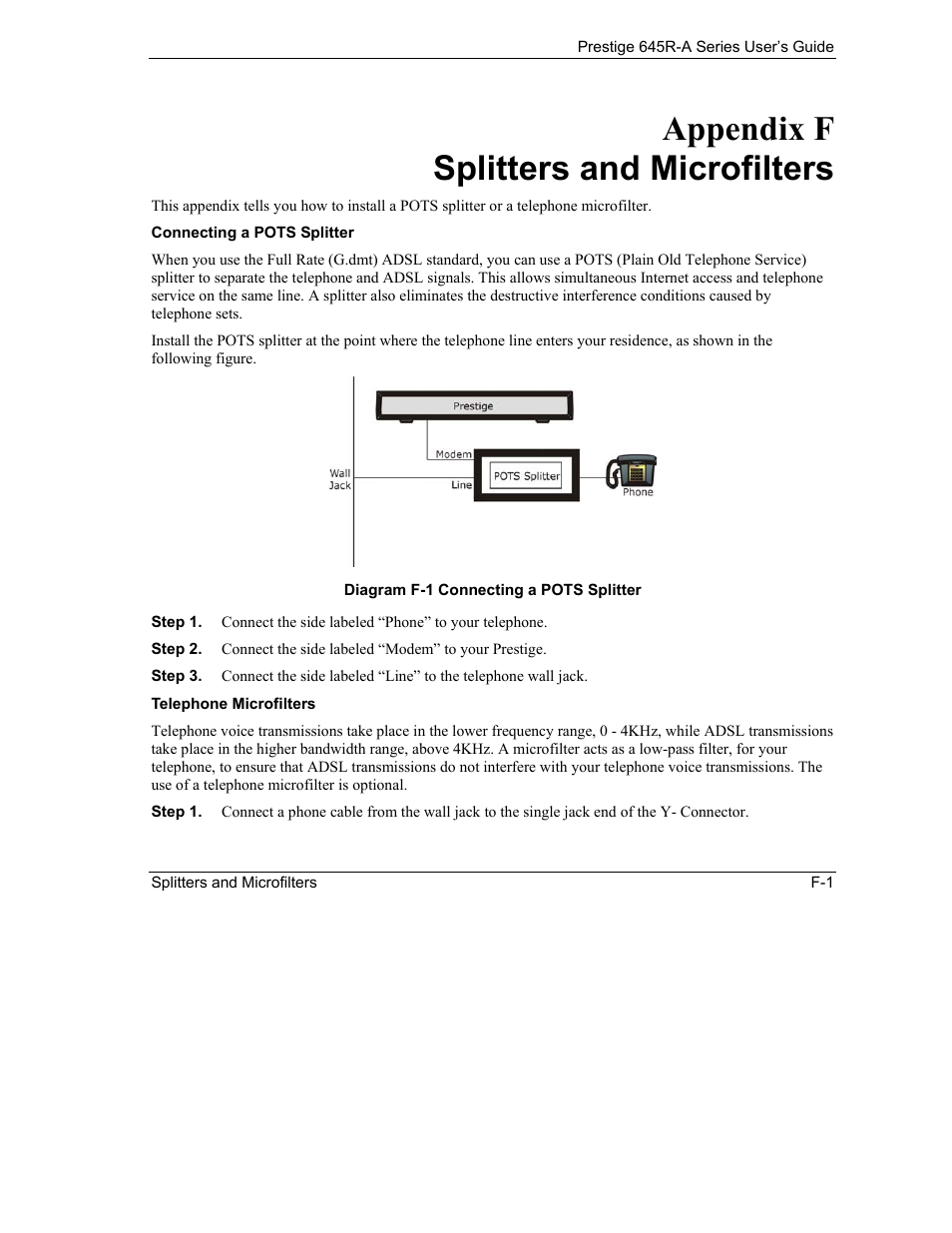 Splitters and microfilters, Connecting a pots splitter, Telephone microfilters | Appendix f splitters and microfilters | ZyXEL Communications Prestige 645R-A Series User Manual | Page 243 / 251