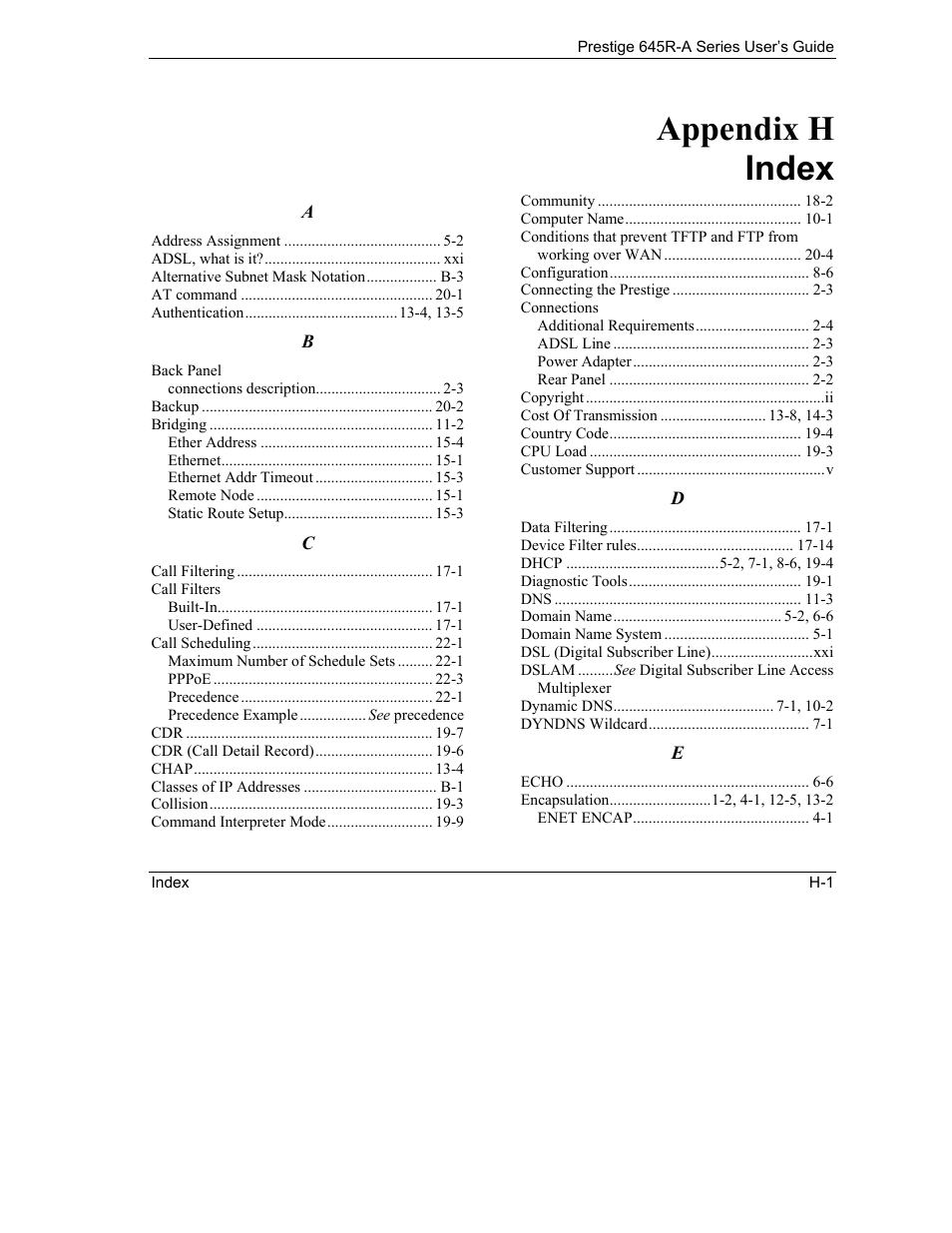 Index, Appendix h index | ZyXEL Communications Prestige 645R-A Series User Manual | Page 247 / 251