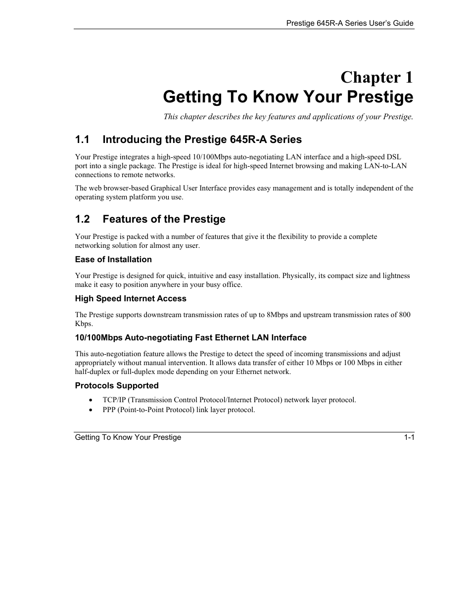 Getting to know your prestige, Introducing the prestige 645r-a series, Features of the prestige | Chapter 1 getting to know your prestige | ZyXEL Communications Prestige 645R-A Series User Manual | Page 25 / 251