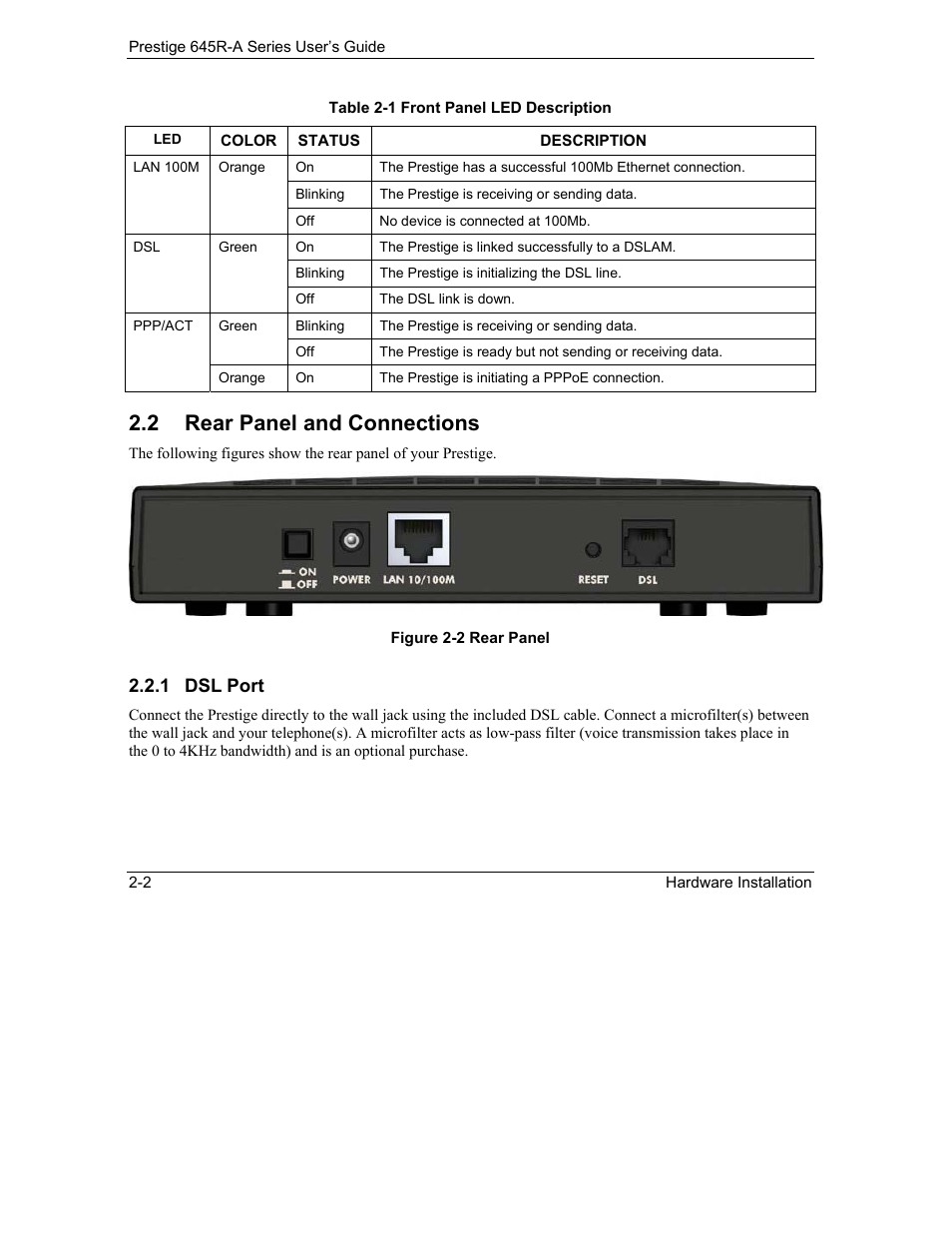 Rear panel and connections, 2 rear panel and connections, 1 dsl port | ZyXEL Communications Prestige 645R-A Series User Manual | Page 30 / 251