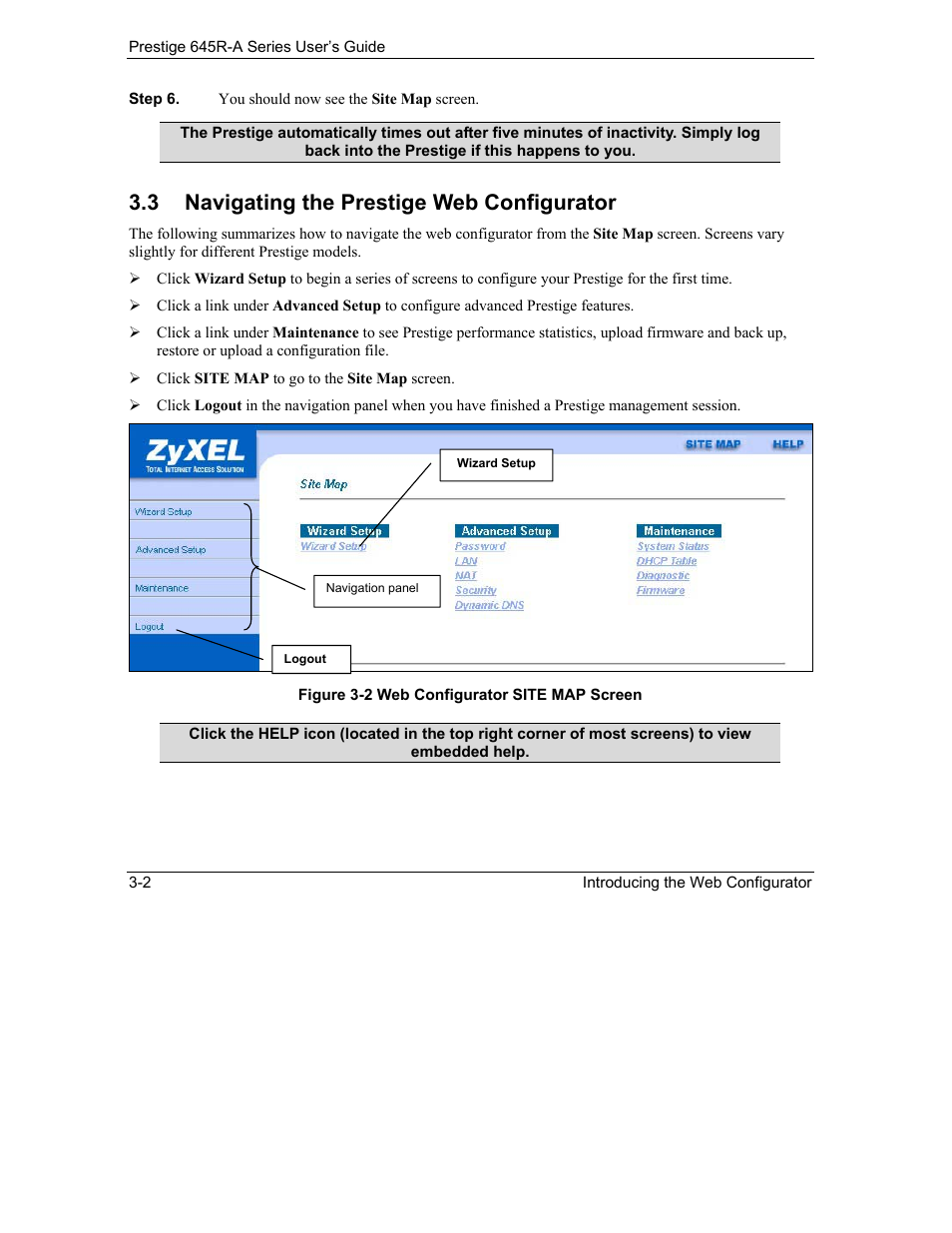 Navigating the prestige web configurator, 3 navigating the prestige web configurator | ZyXEL Communications Prestige 645R-A Series User Manual | Page 34 / 251
