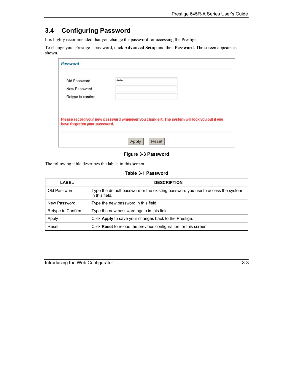 Configuring password, 4 configuring password | ZyXEL Communications Prestige 645R-A Series User Manual | Page 35 / 251