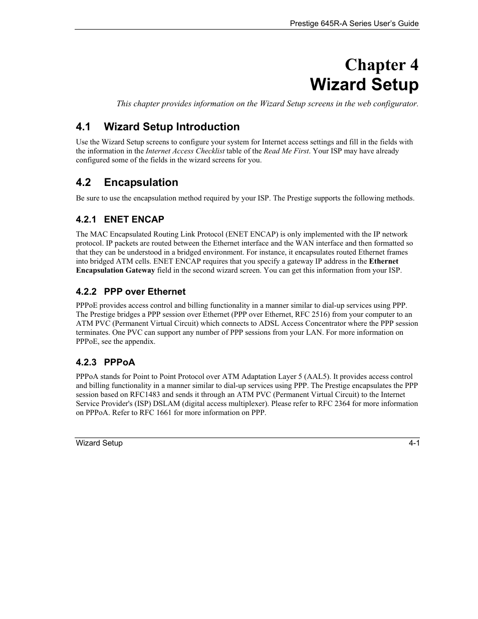 Wizard setup, Wizard setup introduction, Encapsulation | Chapter 4 wizard setup | ZyXEL Communications Prestige 645R-A Series User Manual | Page 37 / 251