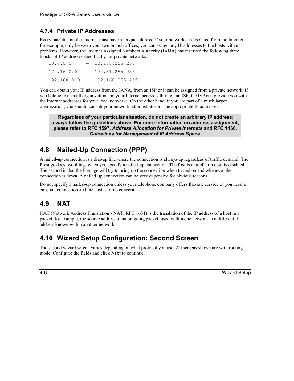 Nailed-up connection (ppp), Wizard setup configuration: second screen, 8 nailed-up connection (ppp) | 9 nat, 10 wizard setup configuration: second screen | ZyXEL Communications Prestige 645R-A Series User Manual | Page 42 / 251