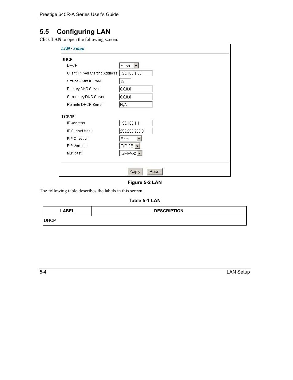 Configuring lan, 5 configuring lan | ZyXEL Communications Prestige 645R-A Series User Manual | Page 54 / 251