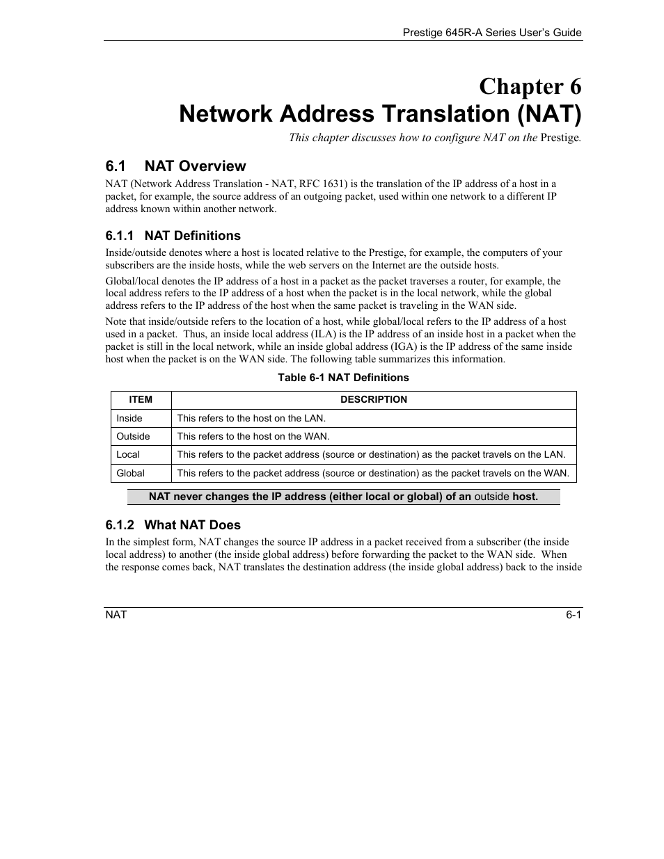 Network address translation (nat), Nat overview, Chapter 6 network address translation (nat) | 1 nat overview | ZyXEL Communications Prestige 645R-A Series User Manual | Page 57 / 251