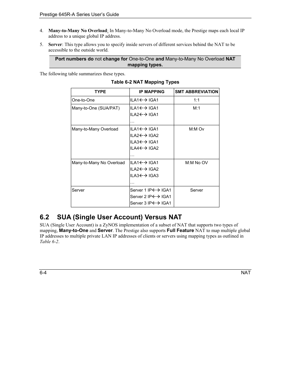 Sua (single user account) versus nat, 2 sua (single user account) versus nat | ZyXEL Communications Prestige 645R-A Series User Manual | Page 60 / 251