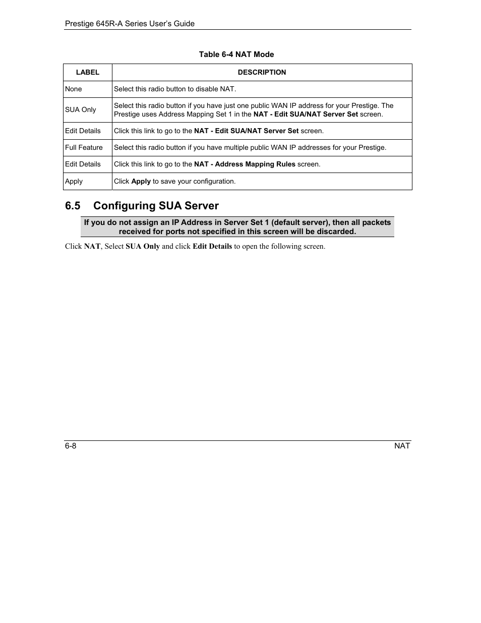 Configuring sua server, 5 configuring sua server | ZyXEL Communications Prestige 645R-A Series User Manual | Page 64 / 251