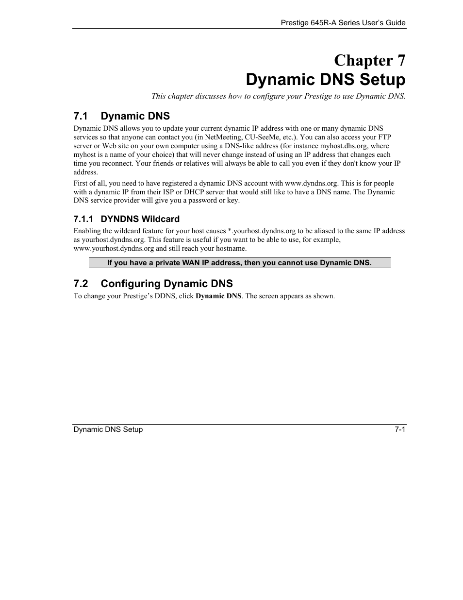 Dynamic dns setup, Dynamic dns, Configuring dynamic dns | Chapter 7 dynamic dns setup | ZyXEL Communications Prestige 645R-A Series User Manual | Page 71 / 251