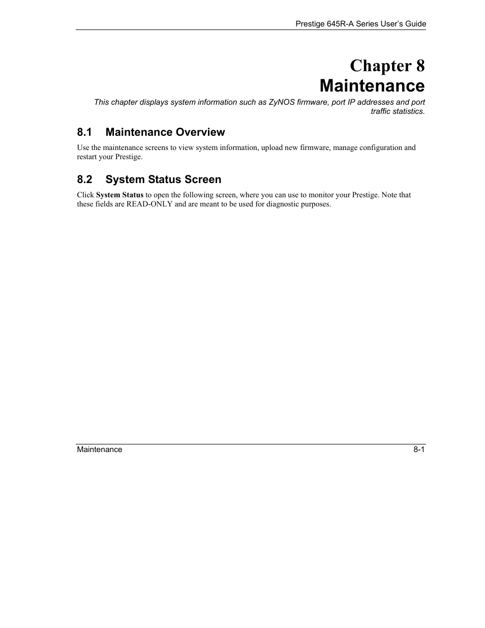 Maintenance, Maintenance overview, System status screen | Chapter 8 maintenance | ZyXEL Communications Prestige 645R-A Series User Manual | Page 75 / 251