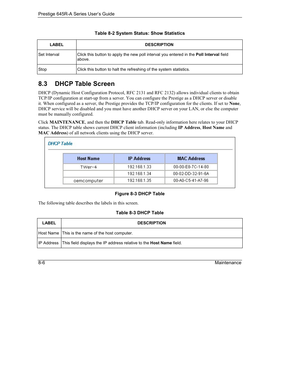 Dhcp table screen, 3 dhcp table screen | ZyXEL Communications Prestige 645R-A Series User Manual | Page 80 / 251