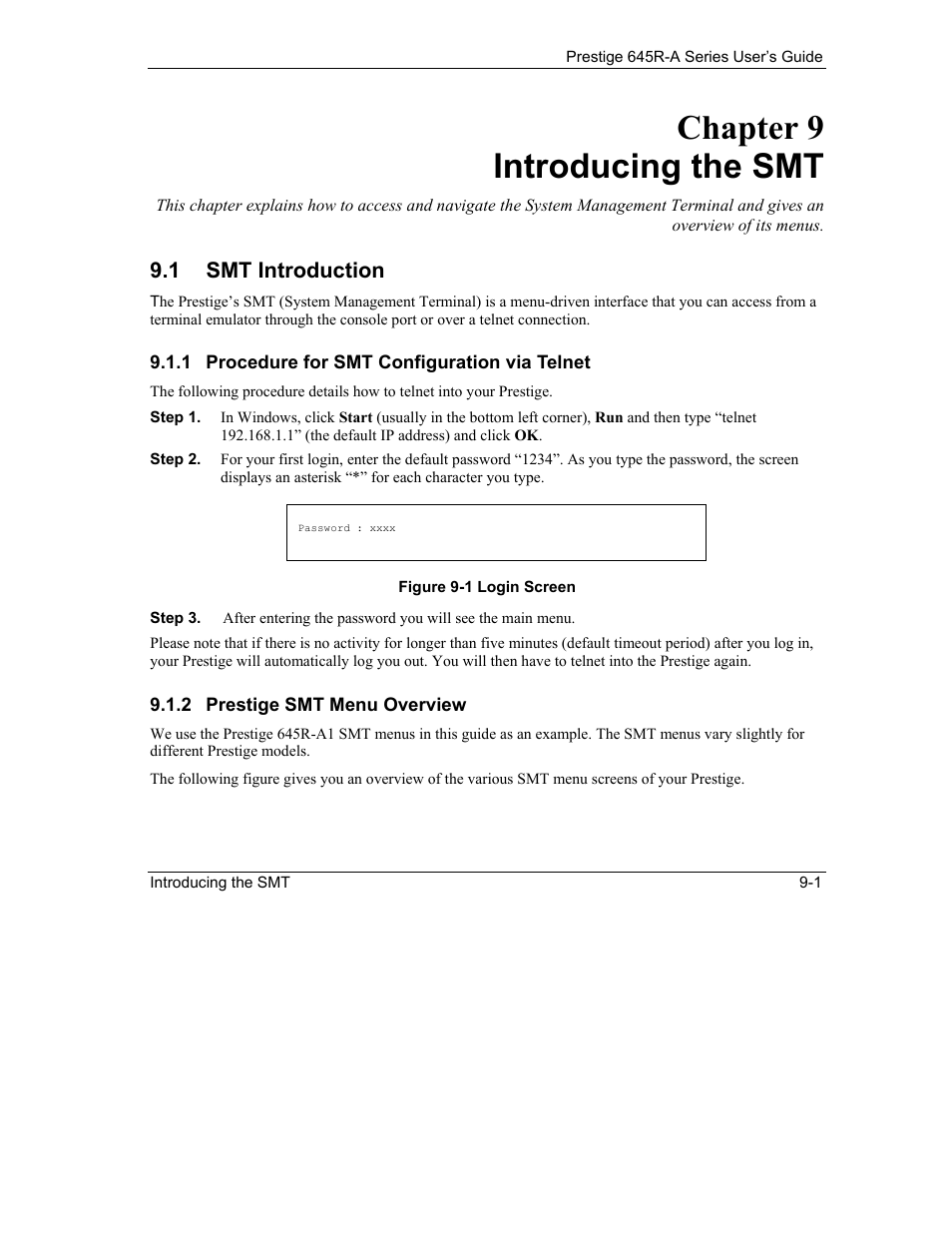 Introducing the smt, Smt introduction, Chapter 9 introducing the smt | 1 smt introduction | ZyXEL Communications Prestige 645R-A Series User Manual | Page 89 / 251