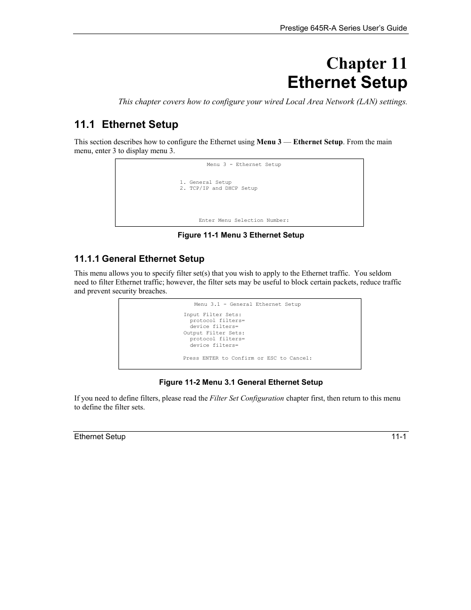 Ethernet setup, Chapter 11 ethernet setup, 1 ethernet setup | 1 general ethernet setup | ZyXEL Communications Prestige 645R-A Series User Manual | Page 99 / 251