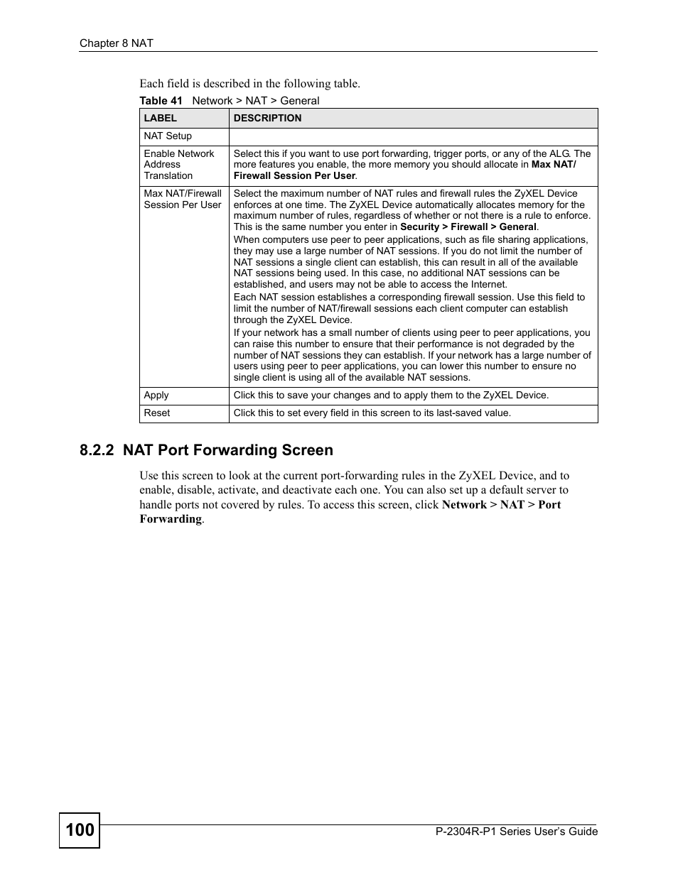 2 nat port forwarding screen, Table 41 network > nat > general | ZyXEL Communications P-2304R-P1 Series User Manual | Page 100 / 300