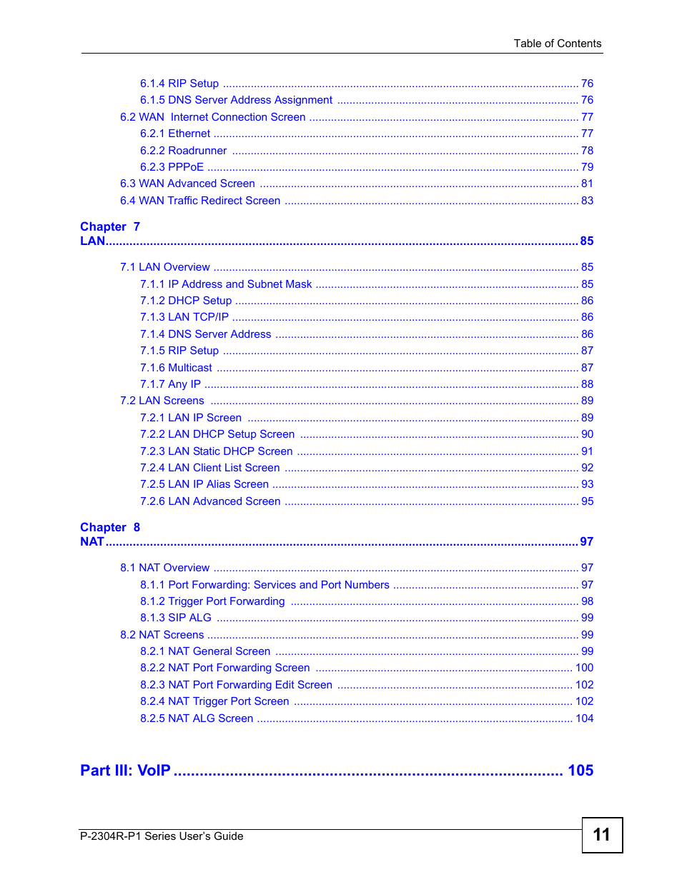 Part iii: voip | ZyXEL Communications P-2304R-P1 Series User Manual | Page 11 / 300