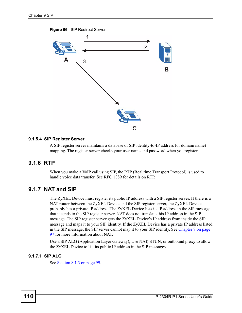 6 rtp, 7 nat and sip, 6 rtp 9.1.7 nat and sip | Figure 56 sip redirect server | ZyXEL Communications P-2304R-P1 Series User Manual | Page 110 / 300