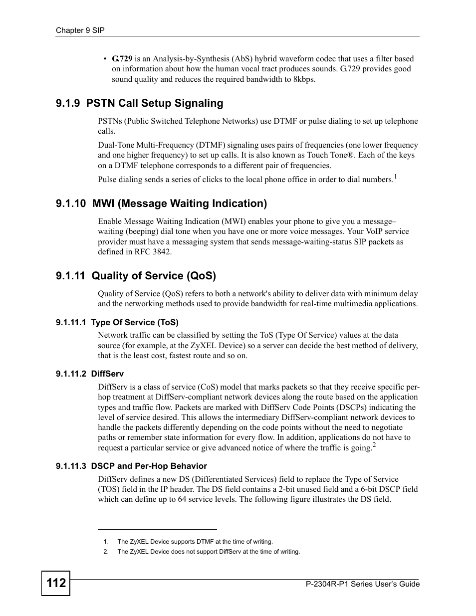 9 pstn call setup signaling, 10 mwi (message waiting indication), 11 quality of service (qos) | ZyXEL Communications P-2304R-P1 Series User Manual | Page 112 / 300