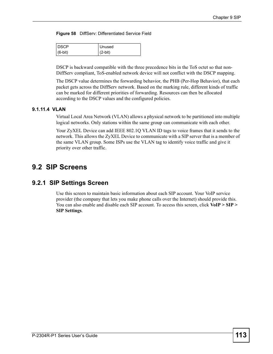 2 sip screens, 1 sip settings screen, Figure 58 diffserv: differentiated service field | ZyXEL Communications P-2304R-P1 Series User Manual | Page 113 / 300