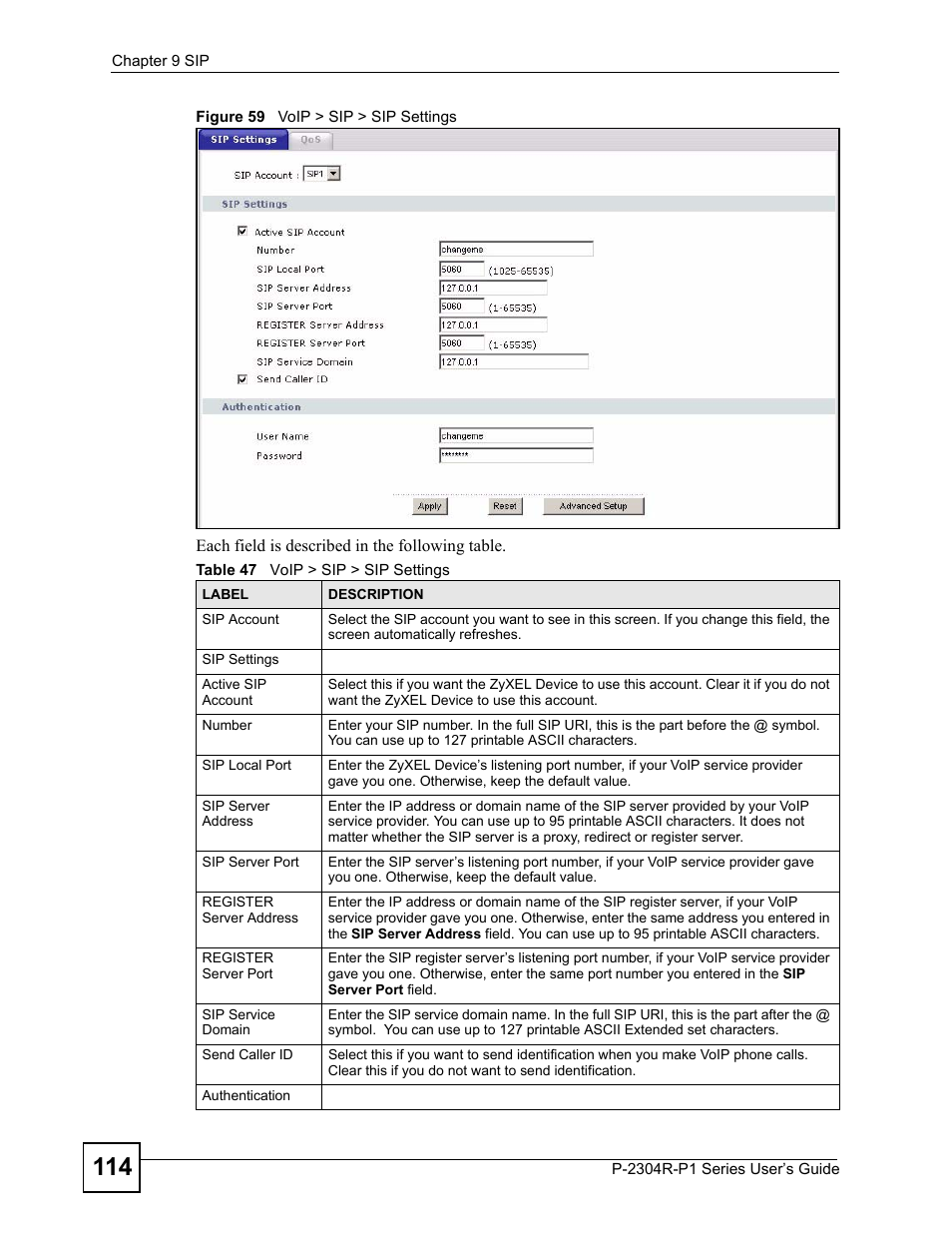 Figure 59 voip > sip > sip settings, Table 47 voip > sip > sip settings | ZyXEL Communications P-2304R-P1 Series User Manual | Page 114 / 300