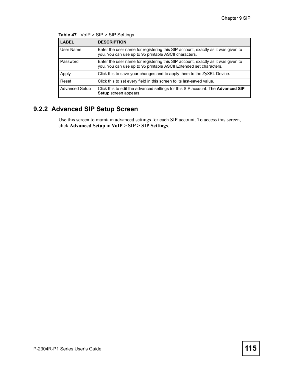 2 advanced sip setup screen | ZyXEL Communications P-2304R-P1 Series User Manual | Page 115 / 300