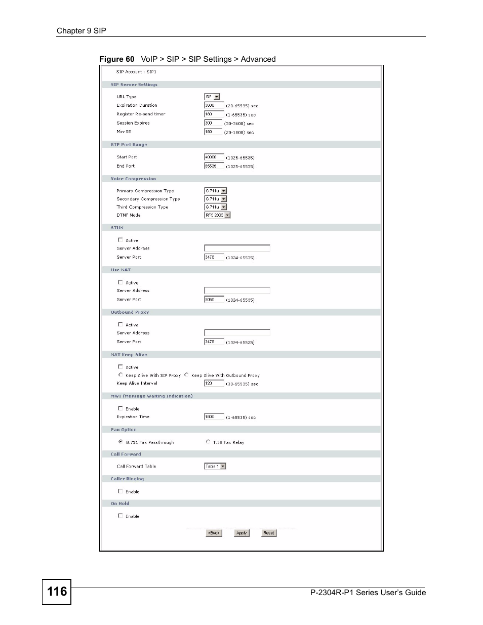 Figure 60 voip > sip > sip settings > advanced | ZyXEL Communications P-2304R-P1 Series User Manual | Page 116 / 300