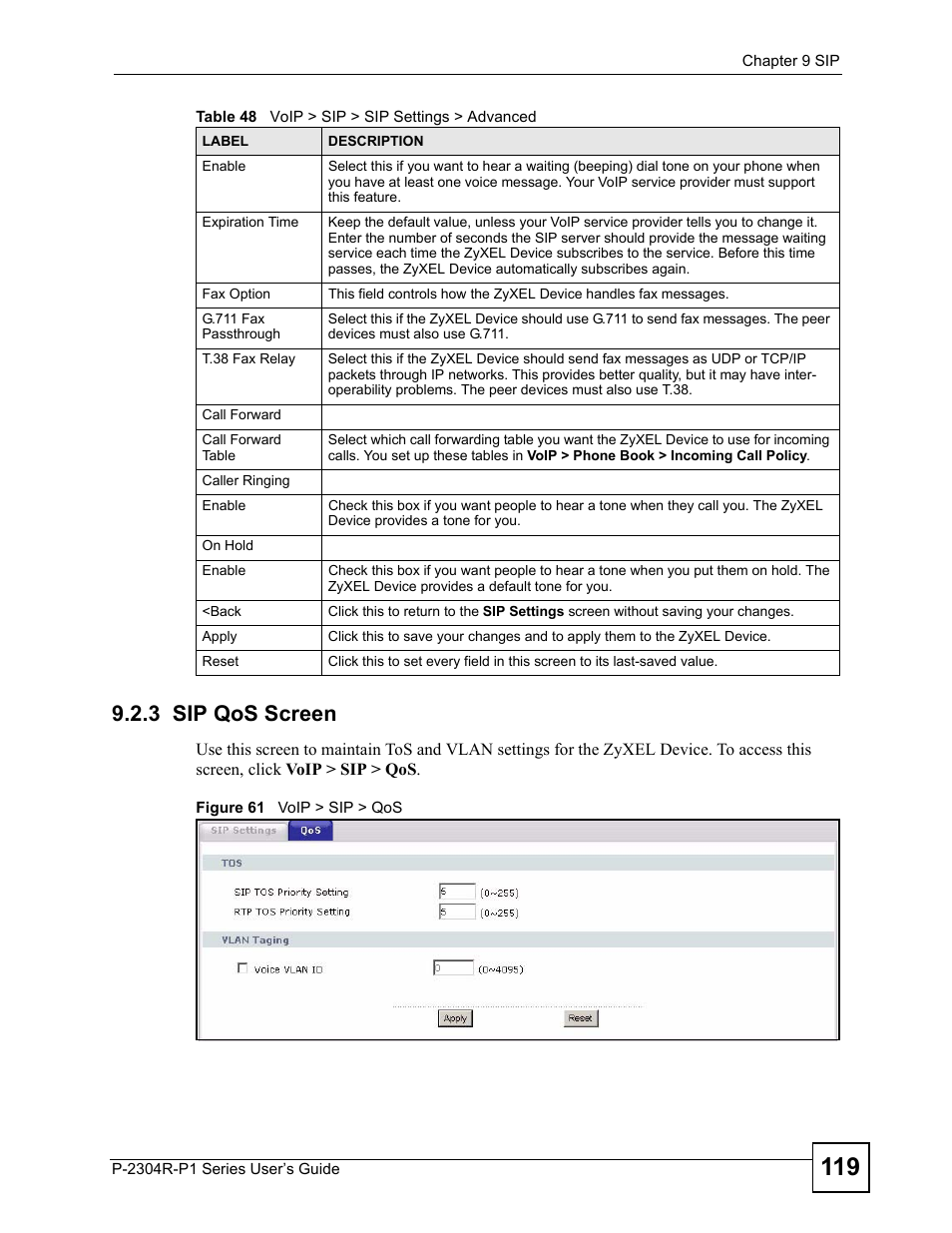 3 sip qos screen, Figure 61 voip > sip > qos | ZyXEL Communications P-2304R-P1 Series User Manual | Page 119 / 300