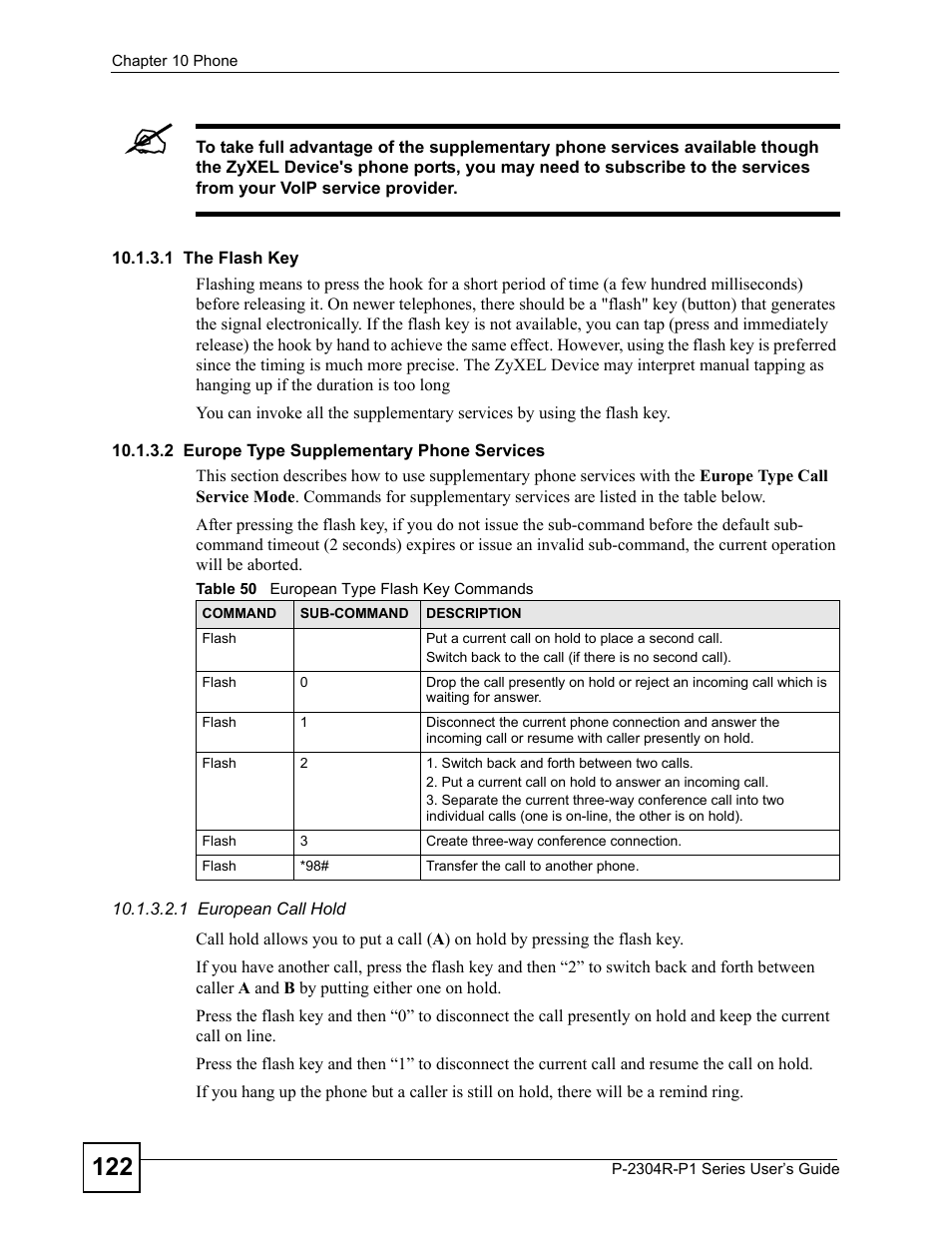 Table 50 european type flash key commands | ZyXEL Communications P-2304R-P1 Series User Manual | Page 122 / 300