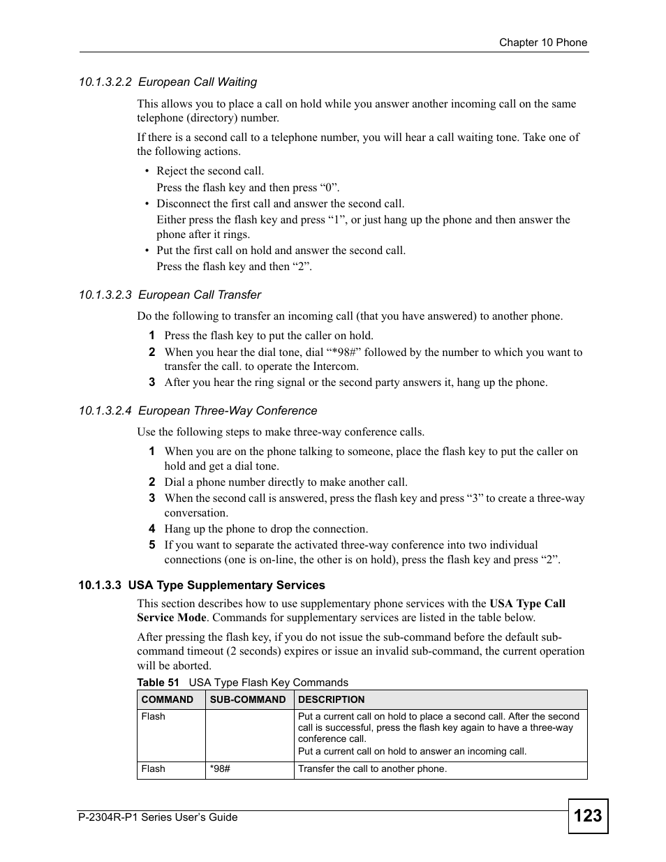 Table 51 usa type flash key commands | ZyXEL Communications P-2304R-P1 Series User Manual | Page 123 / 300