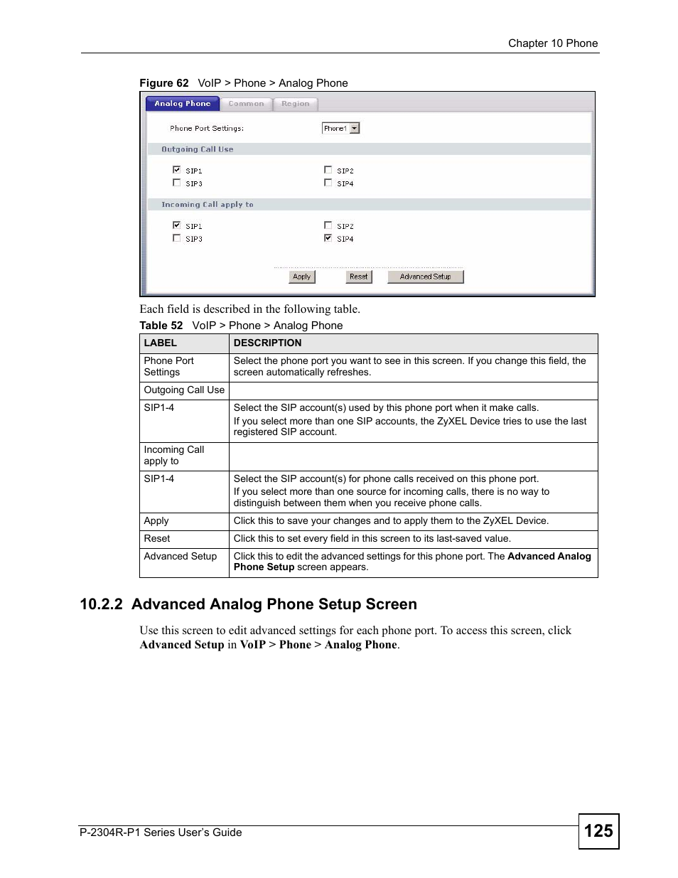 2 advanced analog phone setup screen, Figure 62 voip > phone > analog phone, Table 52 voip > phone > analog phone | ZyXEL Communications P-2304R-P1 Series User Manual | Page 125 / 300