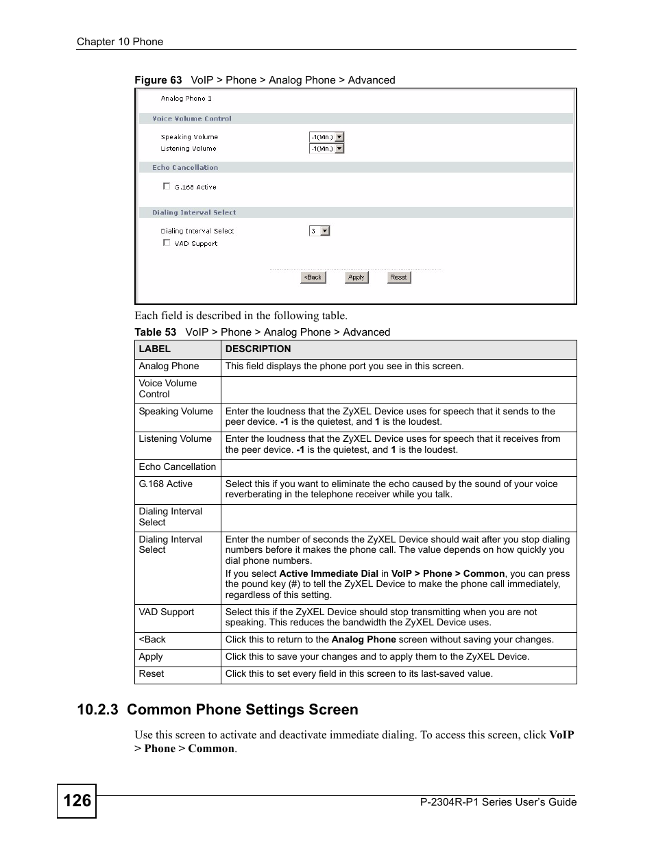 3 common phone settings screen, Figure 63 voip > phone > analog phone > advanced, Table 53 voip > phone > analog phone > advanced | ZyXEL Communications P-2304R-P1 Series User Manual | Page 126 / 300