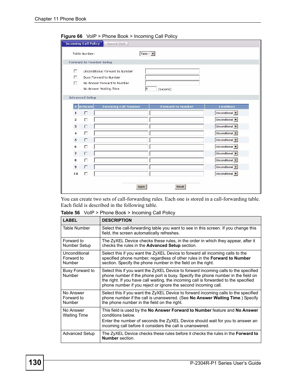 Figure 66 voip > phone book > incoming call policy, Table 56 voip > phone book > incoming call policy | ZyXEL Communications P-2304R-P1 Series User Manual | Page 130 / 300