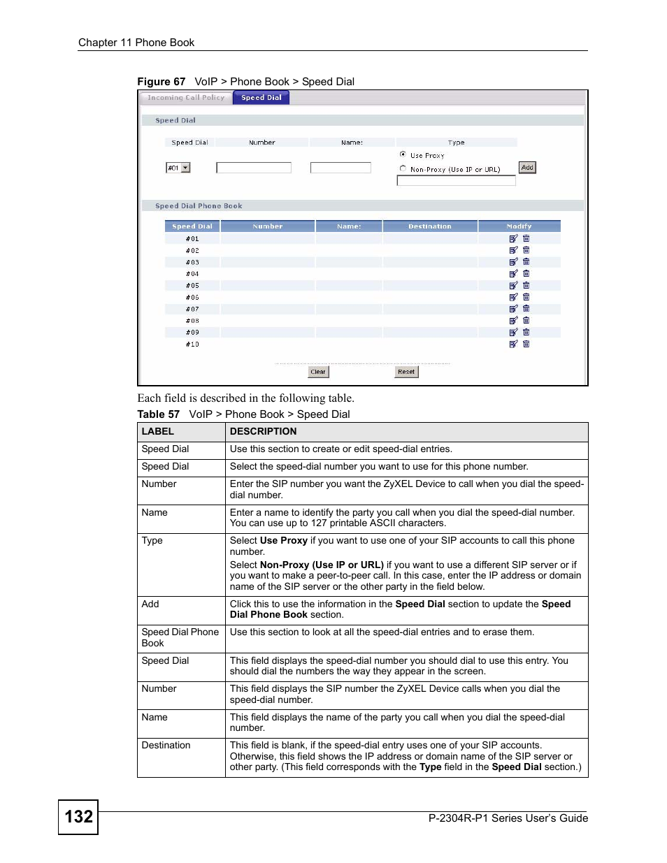 Figure 67 voip > phone book > speed dial, Table 57 voip > phone book > speed dial | ZyXEL Communications P-2304R-P1 Series User Manual | Page 132 / 300