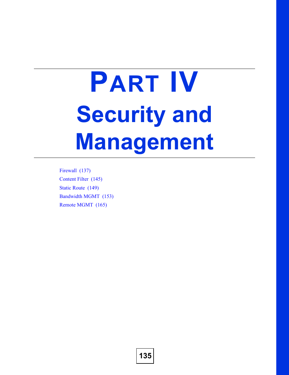 Security and management, Part iv: security and management | ZyXEL Communications P-2304R-P1 Series User Manual | Page 135 / 300