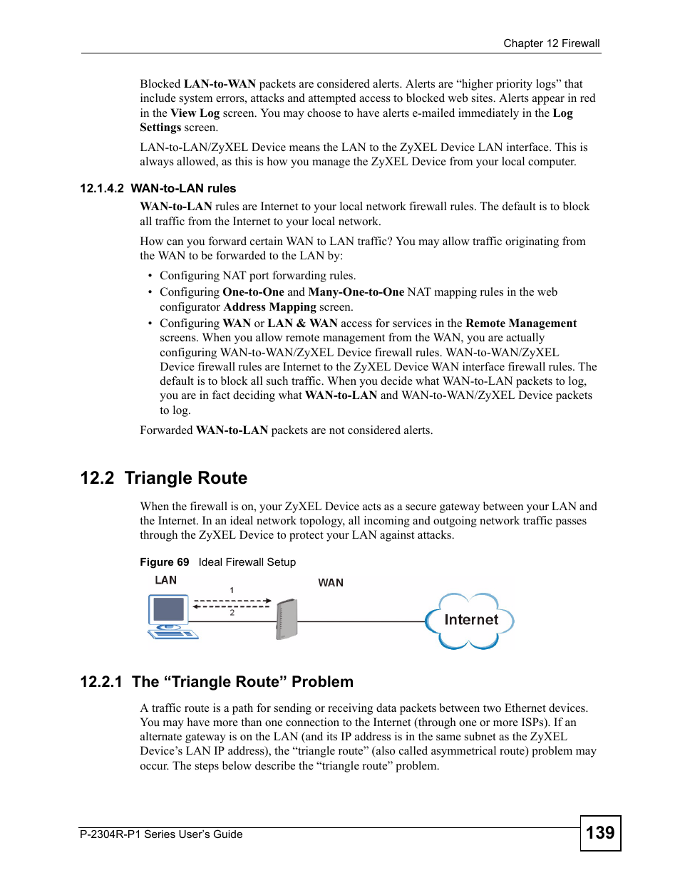 2 triangle route, 1 the “triangle route” problem, Figure 69 ideal firewall setup | ZyXEL Communications P-2304R-P1 Series User Manual | Page 139 / 300