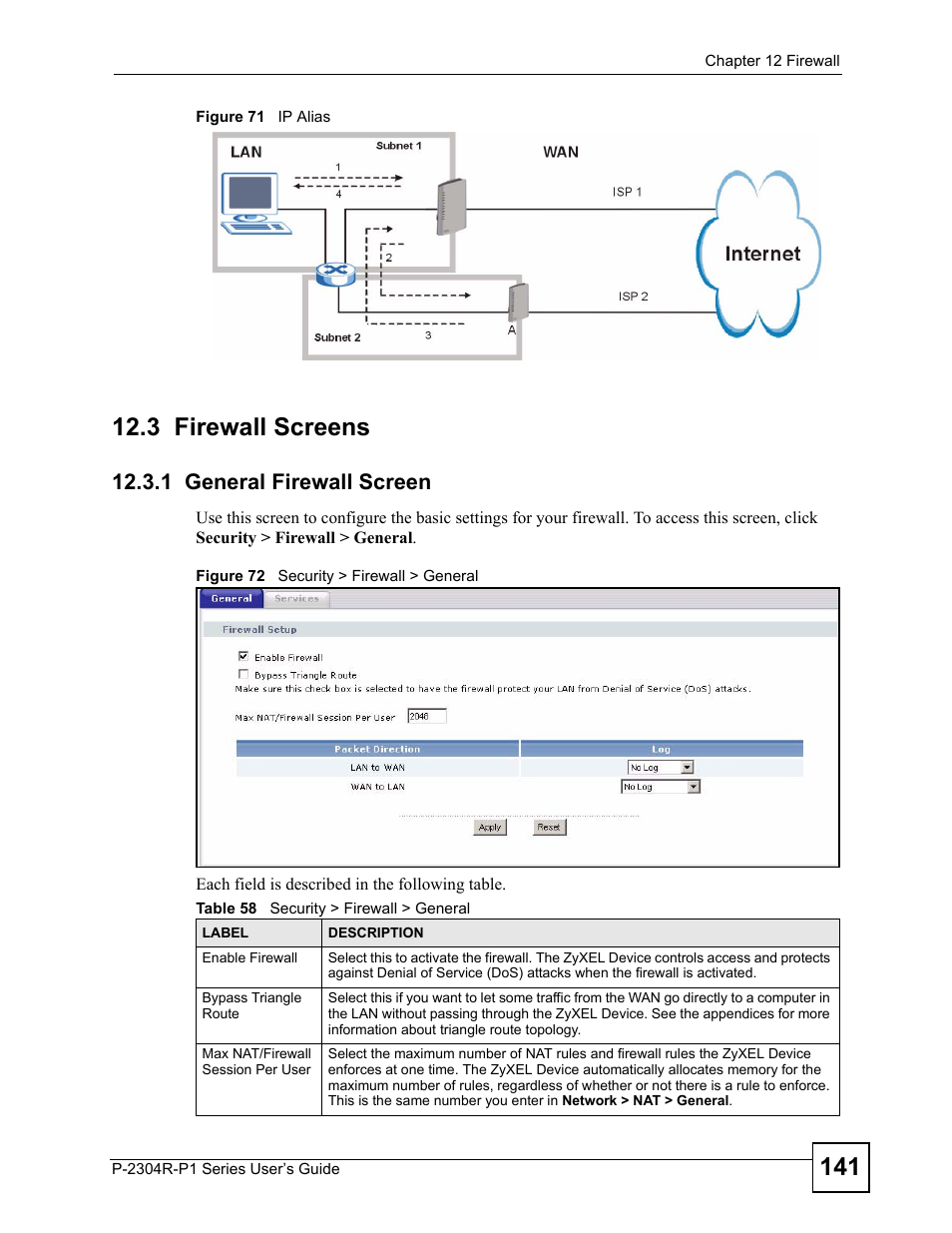 3 firewall screens, 1 general firewall screen, Table 58 security > firewall > general | ZyXEL Communications P-2304R-P1 Series User Manual | Page 141 / 300
